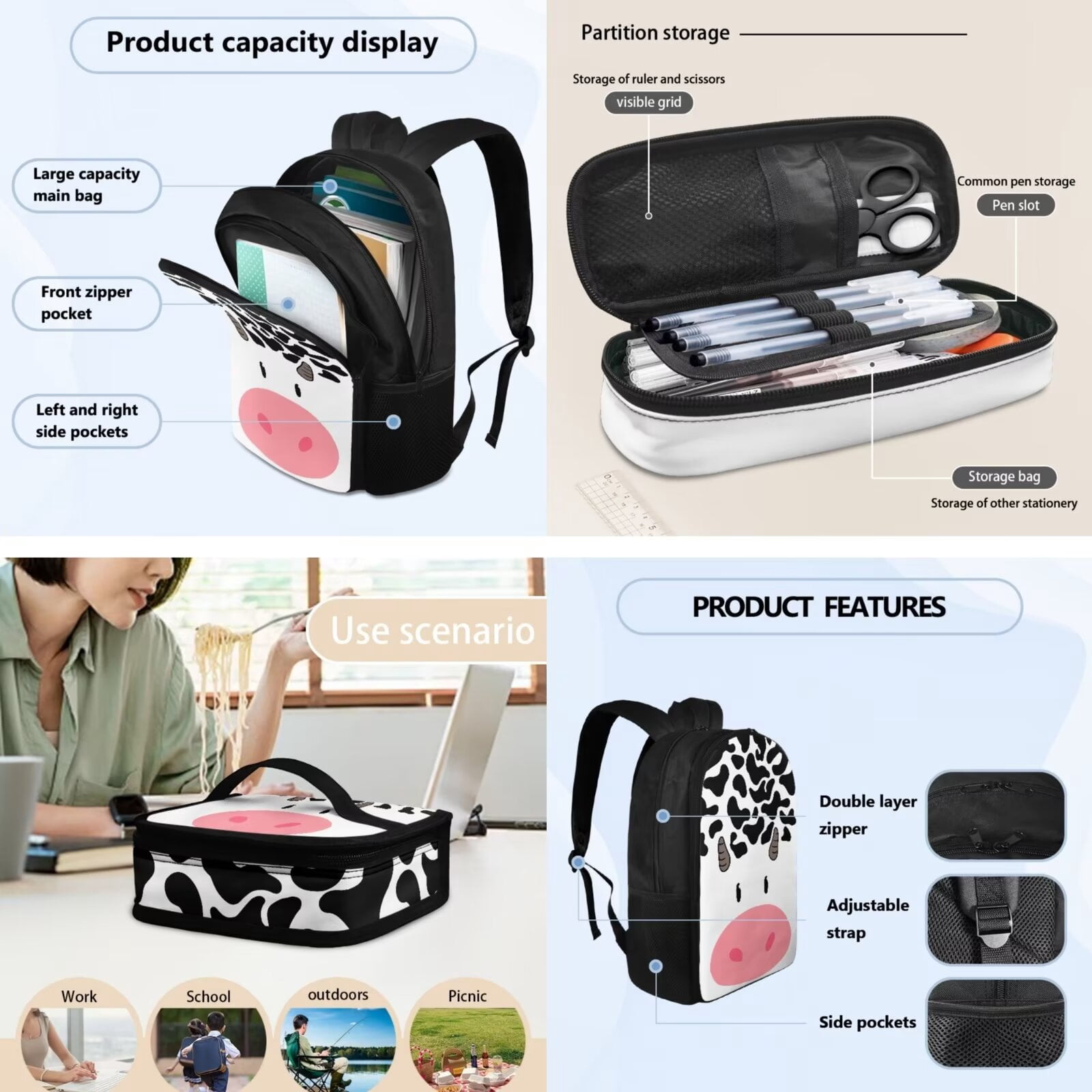 KUIFORTI 3 Pack Shoulder Bag Set Portable Backpack Handbag Crossbody Bag Pencil Case, Cute Cow Print