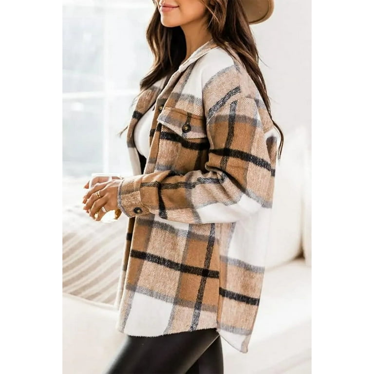 Rosvigor Women's Plaid Flannel Shackets, Long Sleeve Button