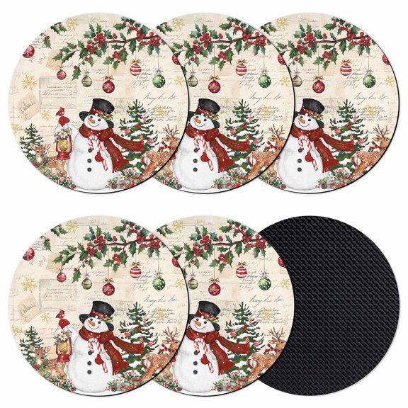 Beige Christmas Snowman Coasters Set of 6, Absorbent Coasters for Drinks, Xmas Snowflake Elk Tree Balls Coaster for Desk Coffee Table Protection, Home Decor House Warming Gifts 4"