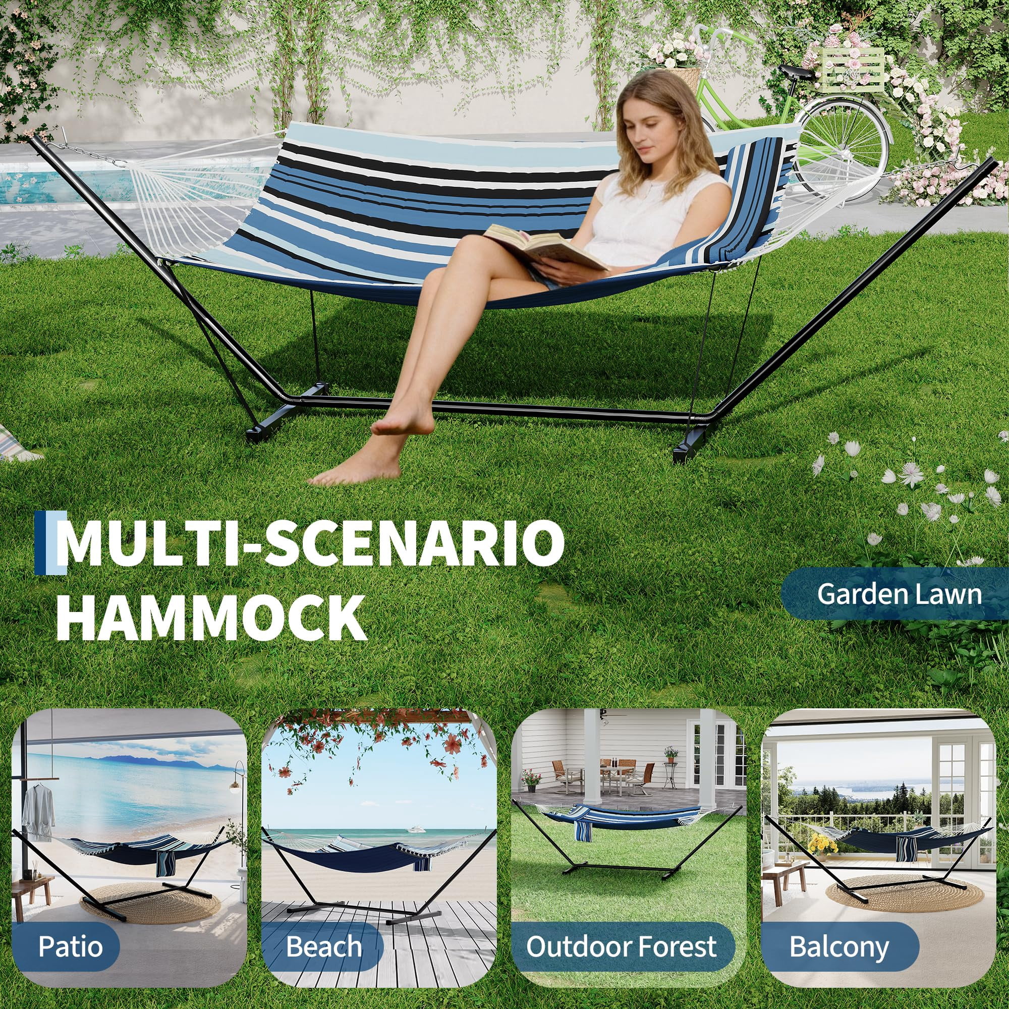 Heavy Duty 450 LBS Double Hammock with Stand & Pillow - 2 Person Outdoor Hammock with Balance Rope for Patio, Backyard, Poolside