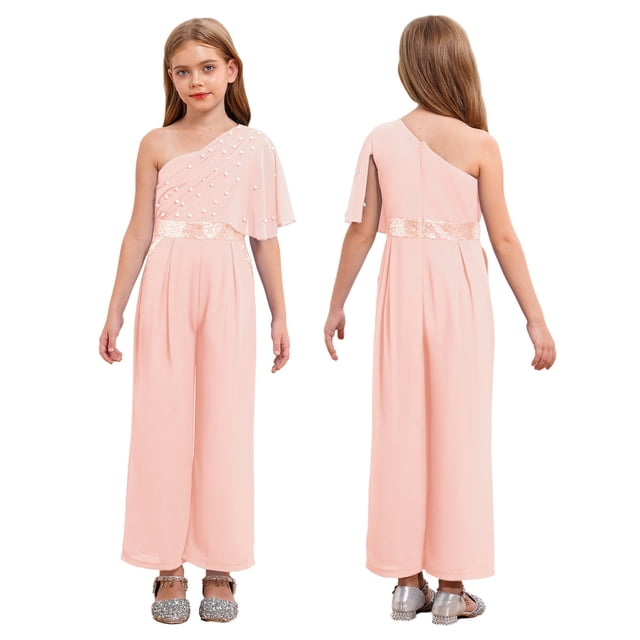 Linjinx Kids Girls Wide Leg Flared Rompers One Shoulder Ruffle Jumpsuit Wedding Pageant Gown Overalls Pink 14