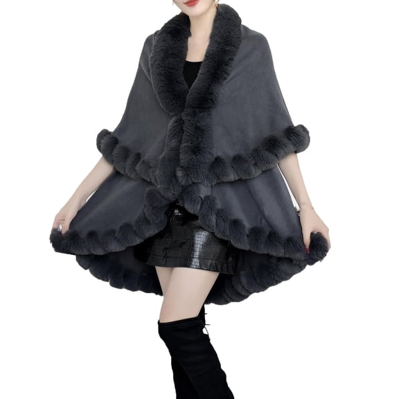 Xfvqtps Women Cape Faux Fur Collar and Cuff Plush Hem Cloak Double Layer Open Front Solid Color Large Size Loose Thickened Windproof Coldproof Warm Winter Long Coat Gray
