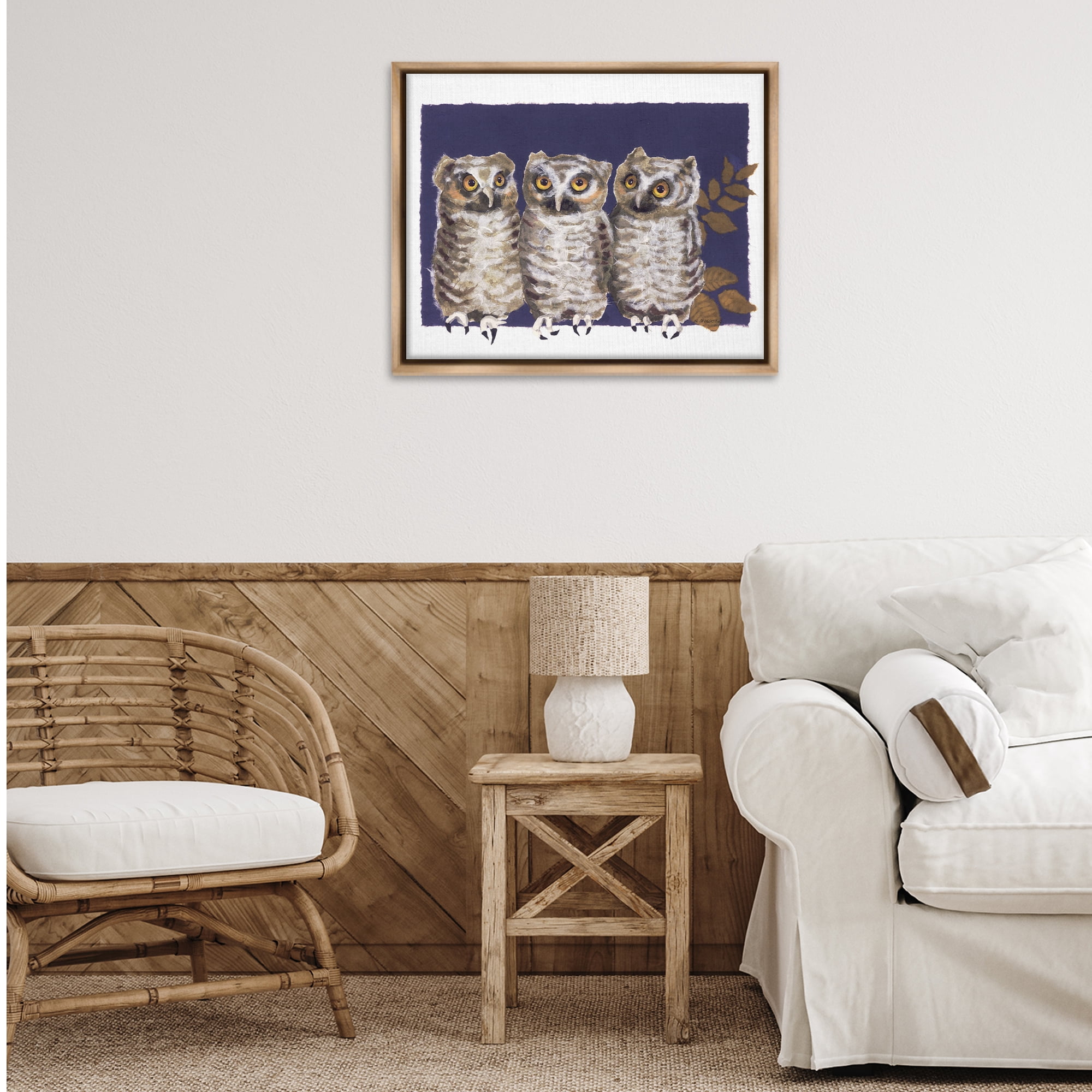 Stupell Industries Owl Trio & Leaves Animals & Insects Painting Brown Floater Framed Canvas Art Print Wall Art, 31 x 25