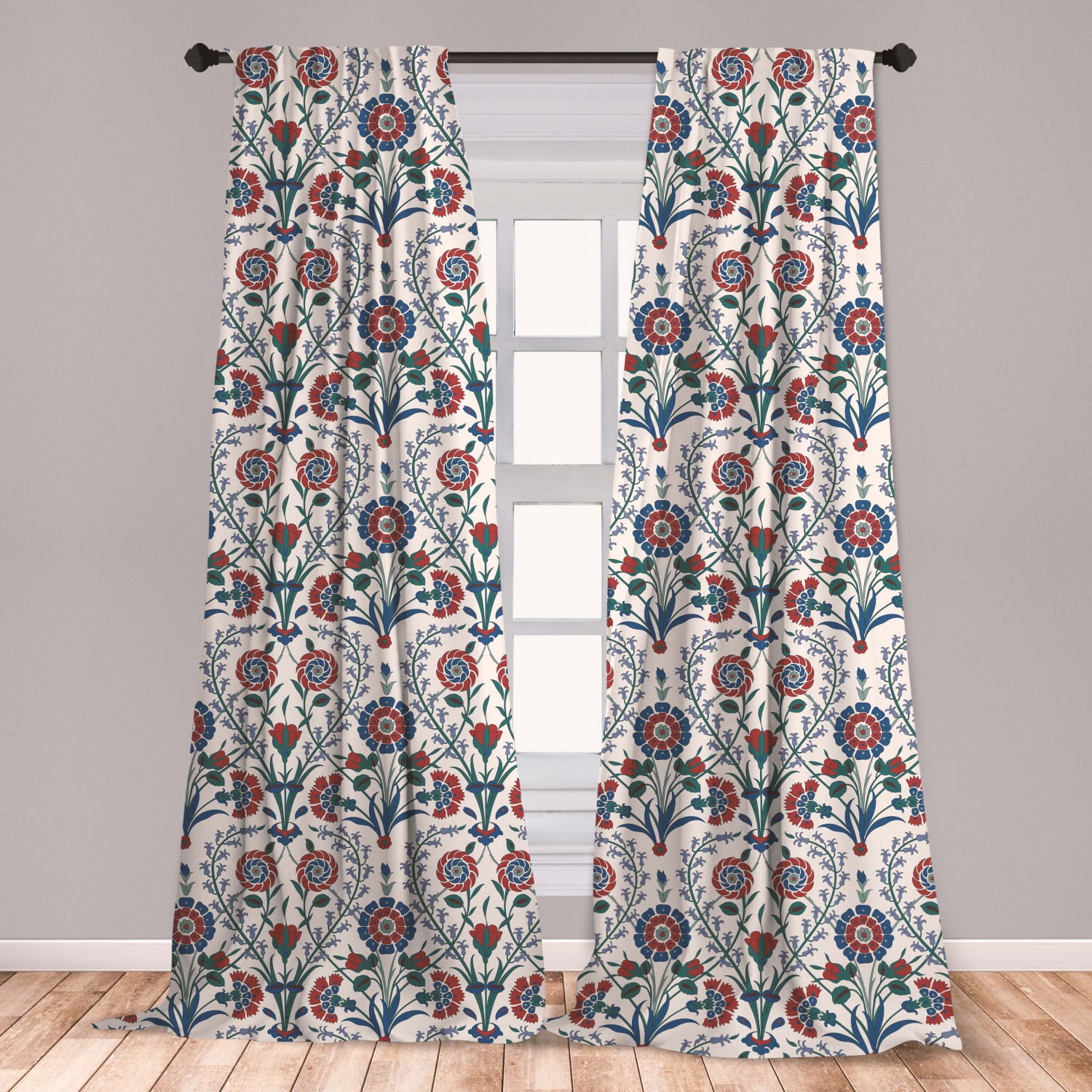 Moroccan Curtains 2 Panels Set, Old Floral Ornament Pattern with
