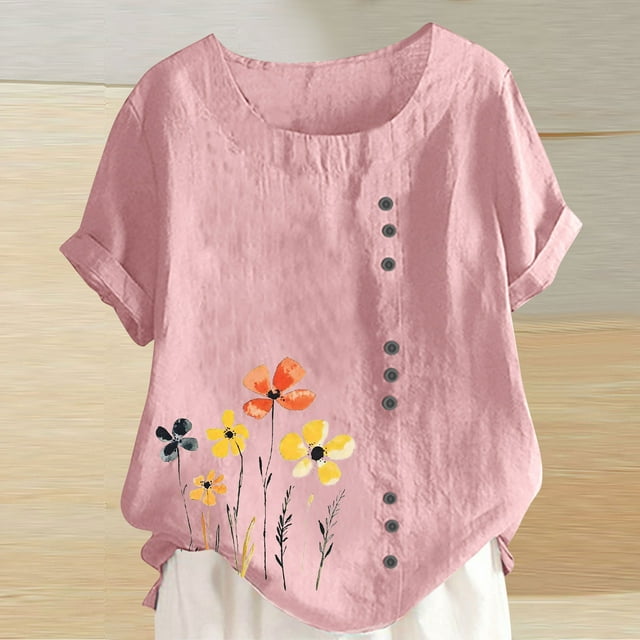 Amzcrzy Hauts pour Femmes Hauts d'Été pour Femmes T-Shirt d'Été pour Femmes à Col Rond à Manches Courtes Décontracté Mode Imprimé à Boutons T-Shirt T-Shirts pour Femmes Hauts à Manches Courtes pour Femme Hauts de Sortie pour Femmes