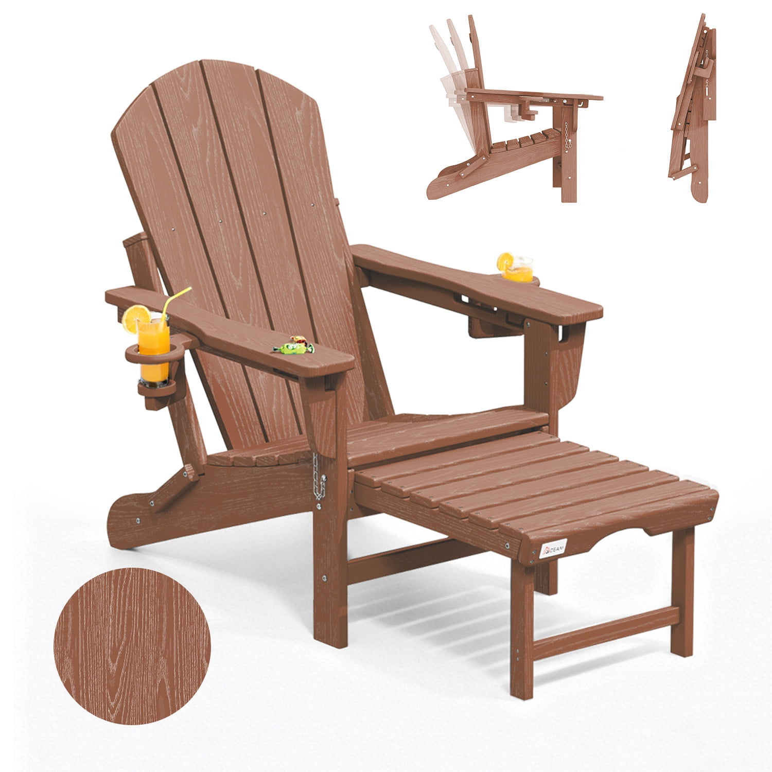 Erinnyees 3-Level Adjustable Adirondack Chair with Retractable Ottoman, HDPE All-Weather Folding Fire Pit Chair with 2 Cup Holders, Outdoor Chair for Garden