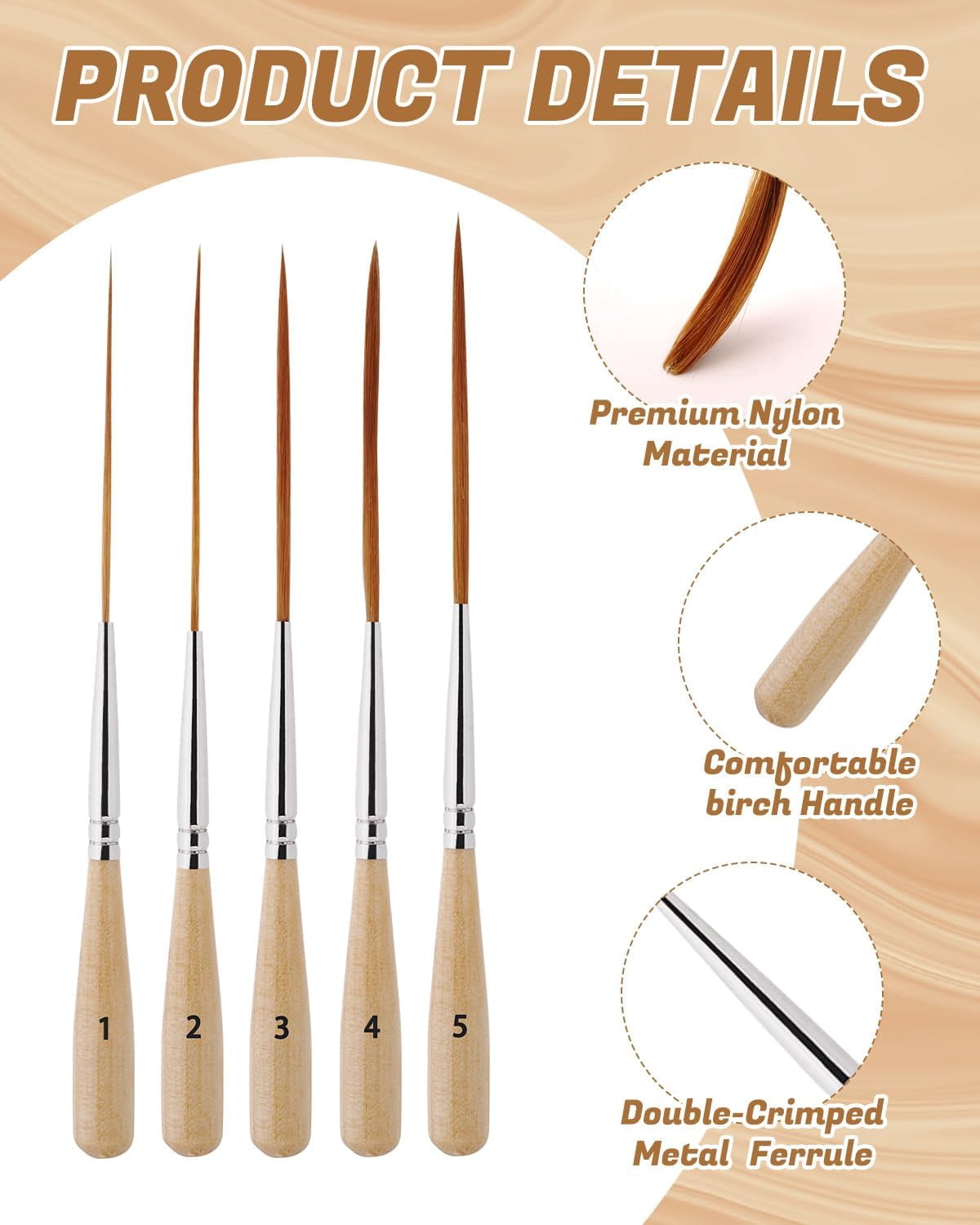 ABPETE Professional Long Liner Brush Set,Extra Fine Detail Brushes for Watercolor, Acrylic, Oil & Ink, Precision Script Liners for Lettering & Scrollwork(5pcs)