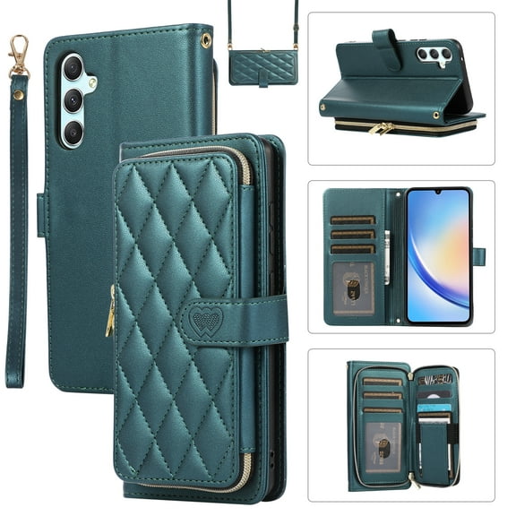 Allytechgroup for Samsung Galaxy A14 5G Wallet Case, Premium PU Leather Magnetic Buckle Zipper Pocket Card Slots Flip Stand Protective Cover with Hand Strap & Shoulder Strap - Darkgreen