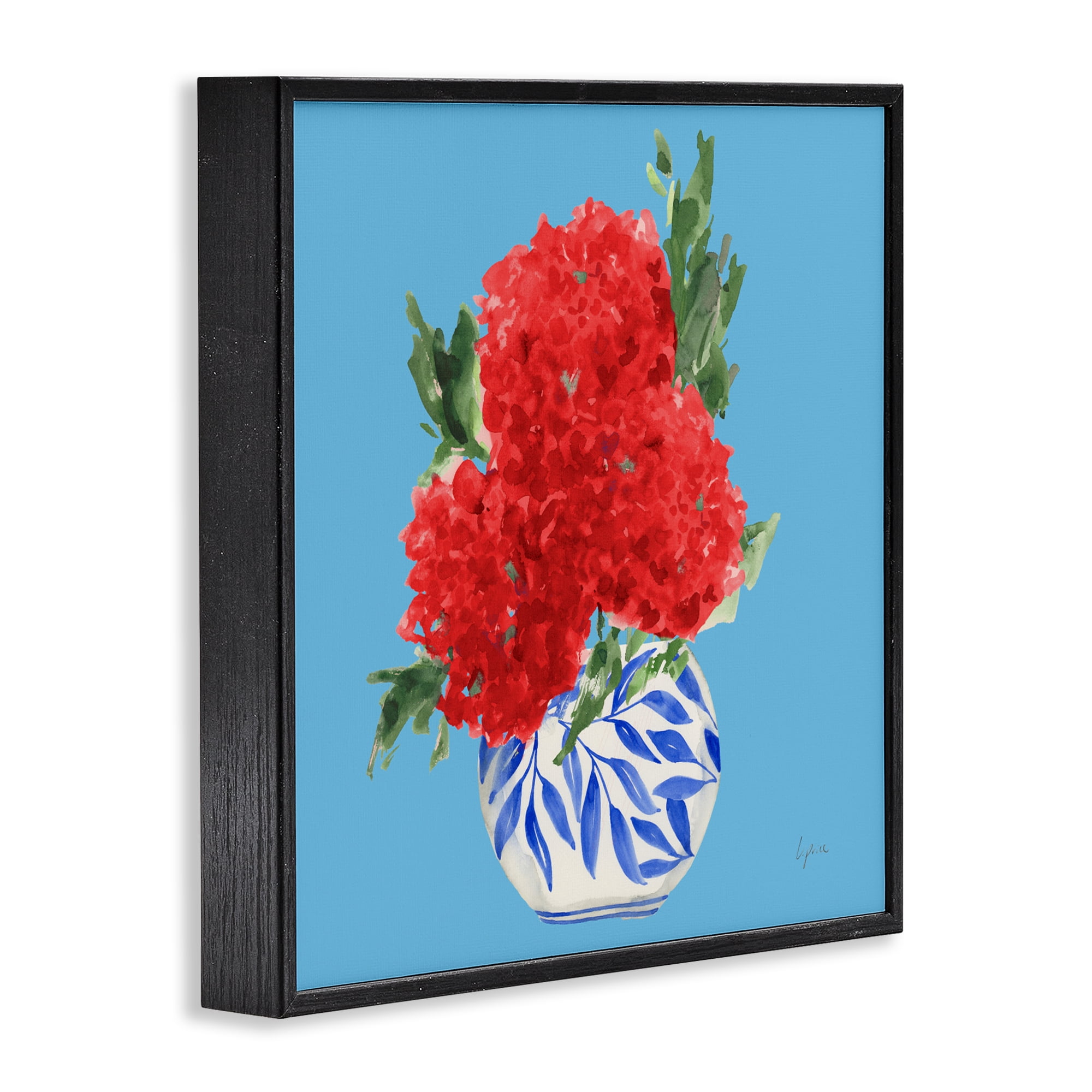 Stupell Industries Red Hydrangeas Blue Vase Black Framed Giclee Art, design by Lucille Price