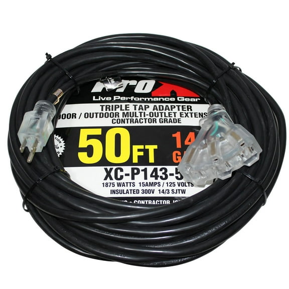 ProX XC-P143-50 50' 14AWG 110V to 110V Female Triple Tap Adapter Power Extension Cord