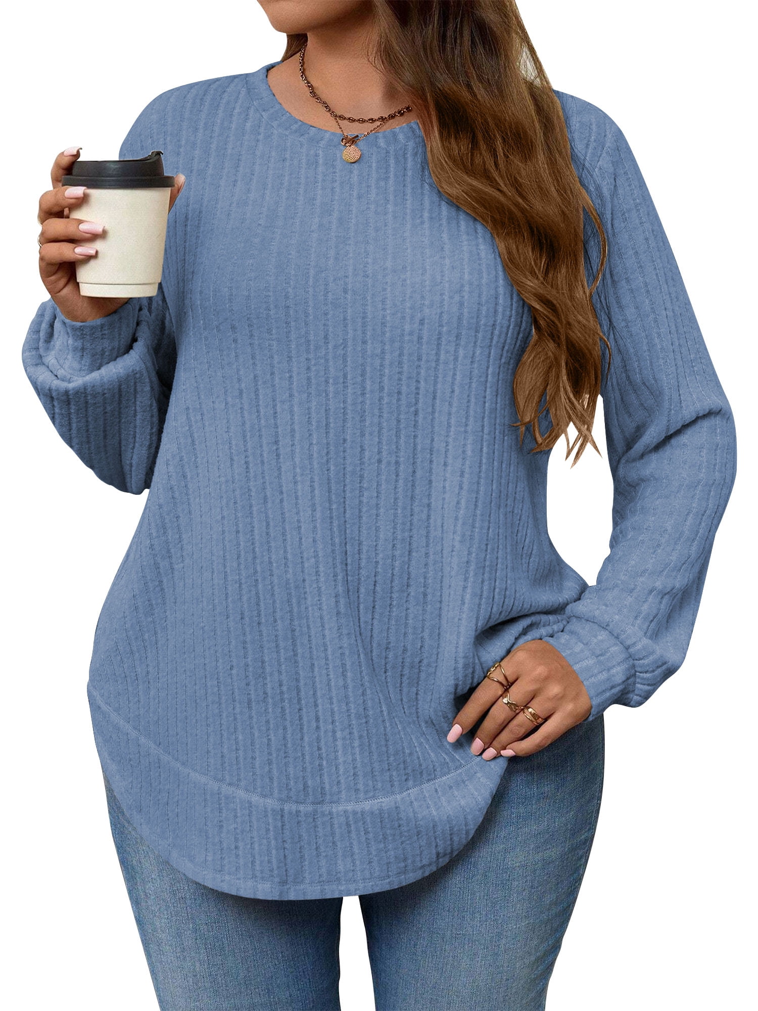 Beimuc Women's Lightweight Long Sleeve Tunic Sweater - Deep Blue, Loose Fit, High Low Hem, XX-Large - View #5