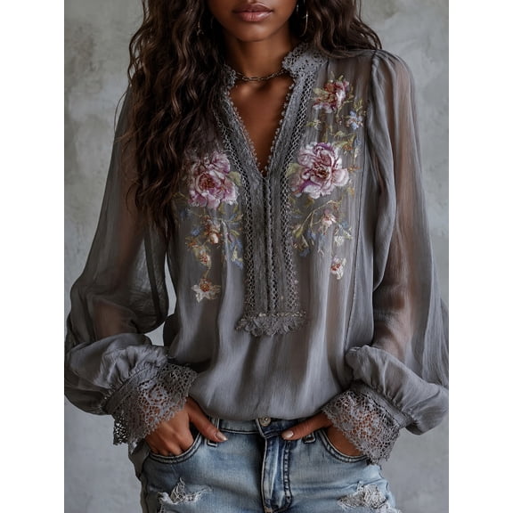Women's Embroidered Sheer Blouse, Floral Zip Front Long Sleeve Top