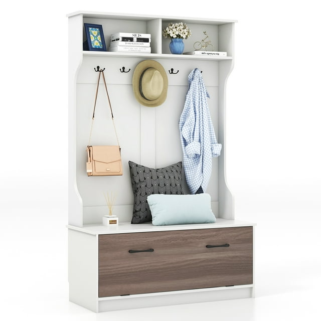 Costway 63 Inches Hall Tree with Coat Rack and Storage Bench Multifunctional Coat Rack White