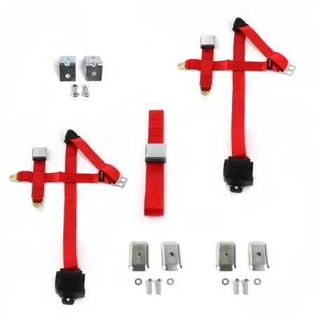 SafeTBoy Airplane 3 Point Red Retractable Bench Seat Belt Kit with Bracketry & 3 Belts for 1966-1967 Ford Fairlane