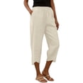 thumbnail image 2 of Hurxie Capris Pants for Women Cotton Linen Sweatpants Casual Summer Straight Wide Leg Loose Drawstring Elastic Trouser Beige,S, 2 of 7