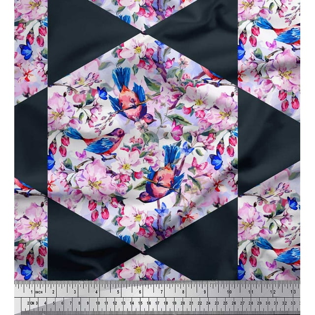 Soimoi Poly Georgette Fabric Leaves,Bird & Floral Patchwork Decor Fabric Printed Yard 52 Inch Wide