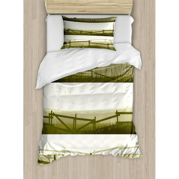 Fence Duvet Cover Set Twin Size, Meadow Field Farming Countryside Pasture Panorama Nature Idyllic Landscape, Decorative 2 Piece Bedding Set with 1 Pillow Sham, Olive Green and Ivory, by Ambesonne