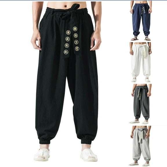 Jinhomg Mens Big and Tall Harem Pants 2025 Trendy Chinese Style Print Casual Pants Baggy Comfy Cotton Linen Elastic Waist Pants with Drawstring Spring Saving XXXXXL