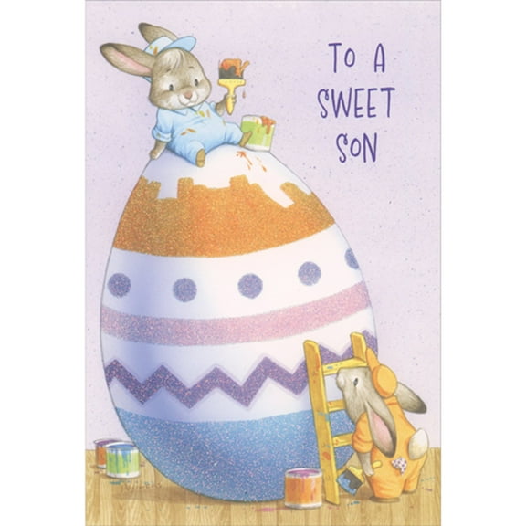 Pictura Two Painter Bunnies Decorating Egg with Paint Brushes Easter Card for Son