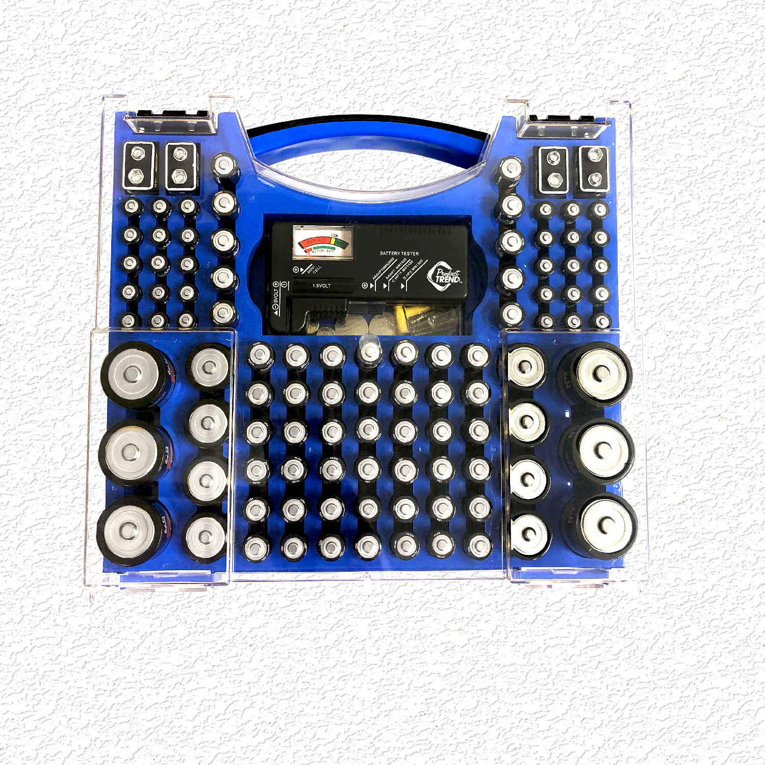 Battery Pro Organizer & Tester, Holds 100 Assorted Batteries, 1 Case, Blue