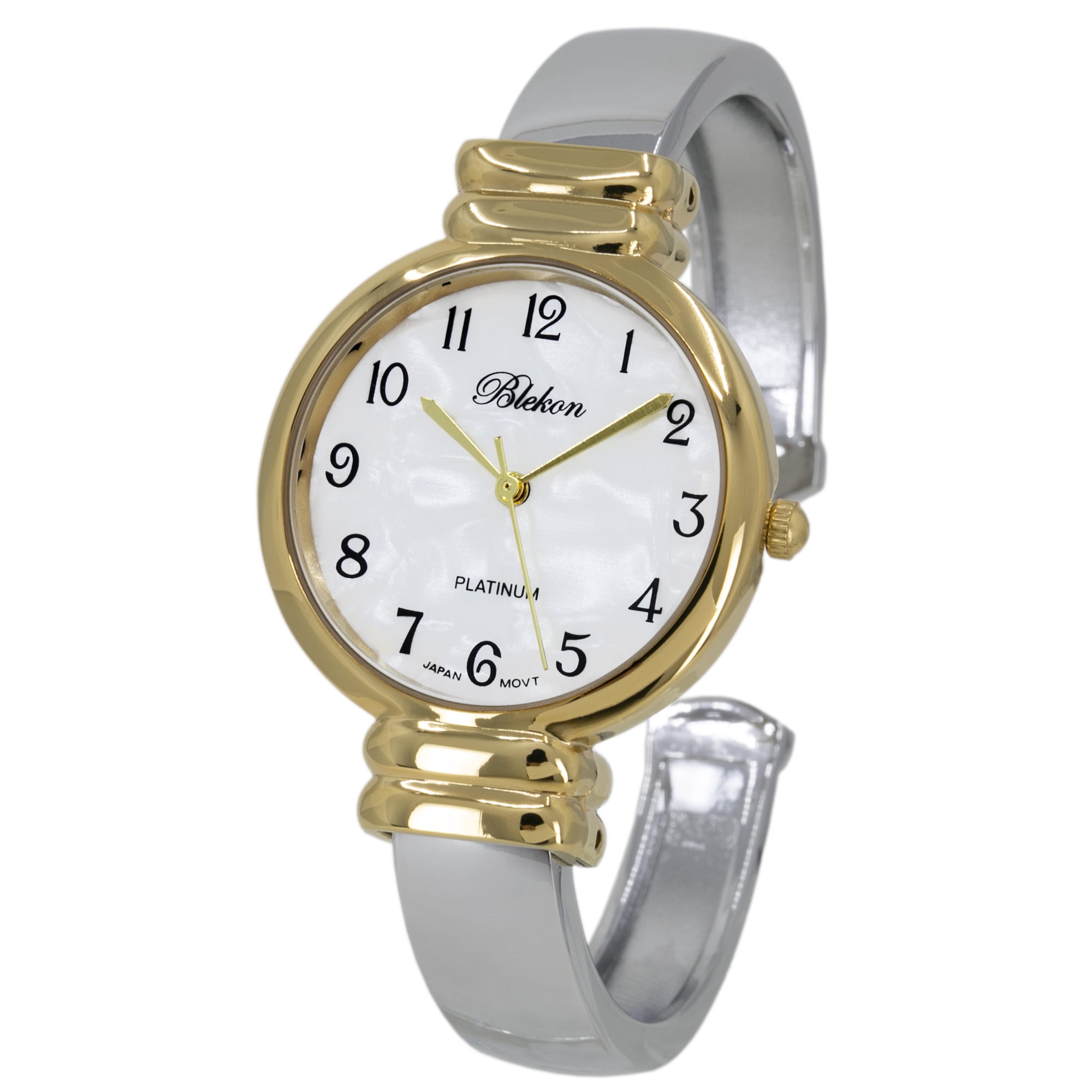 Blekon Women’s Mother of Pearl Cuff Watch – 31mm Case, Japanese Quartz, Hinged Bangle
