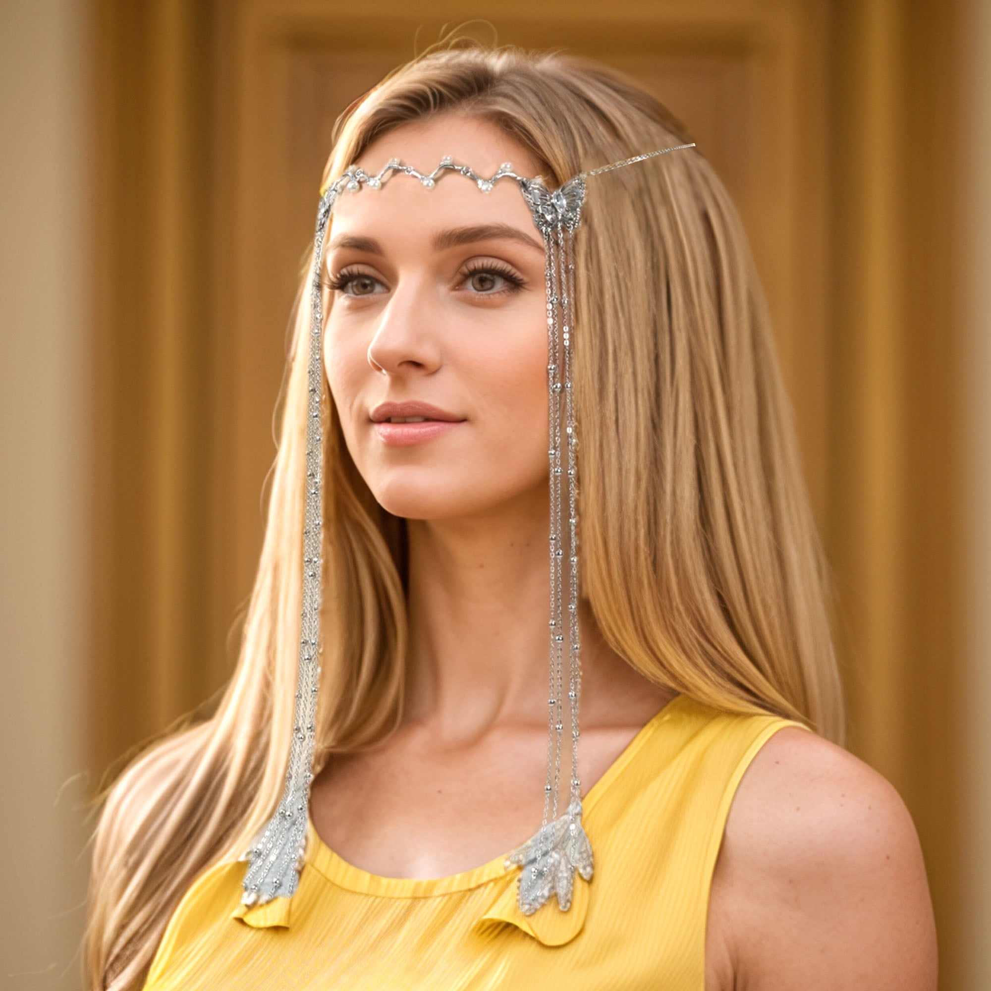 Unique Bargains Headpiece Vintage Long Tassels Head Chain Silver Tone 1 Pc