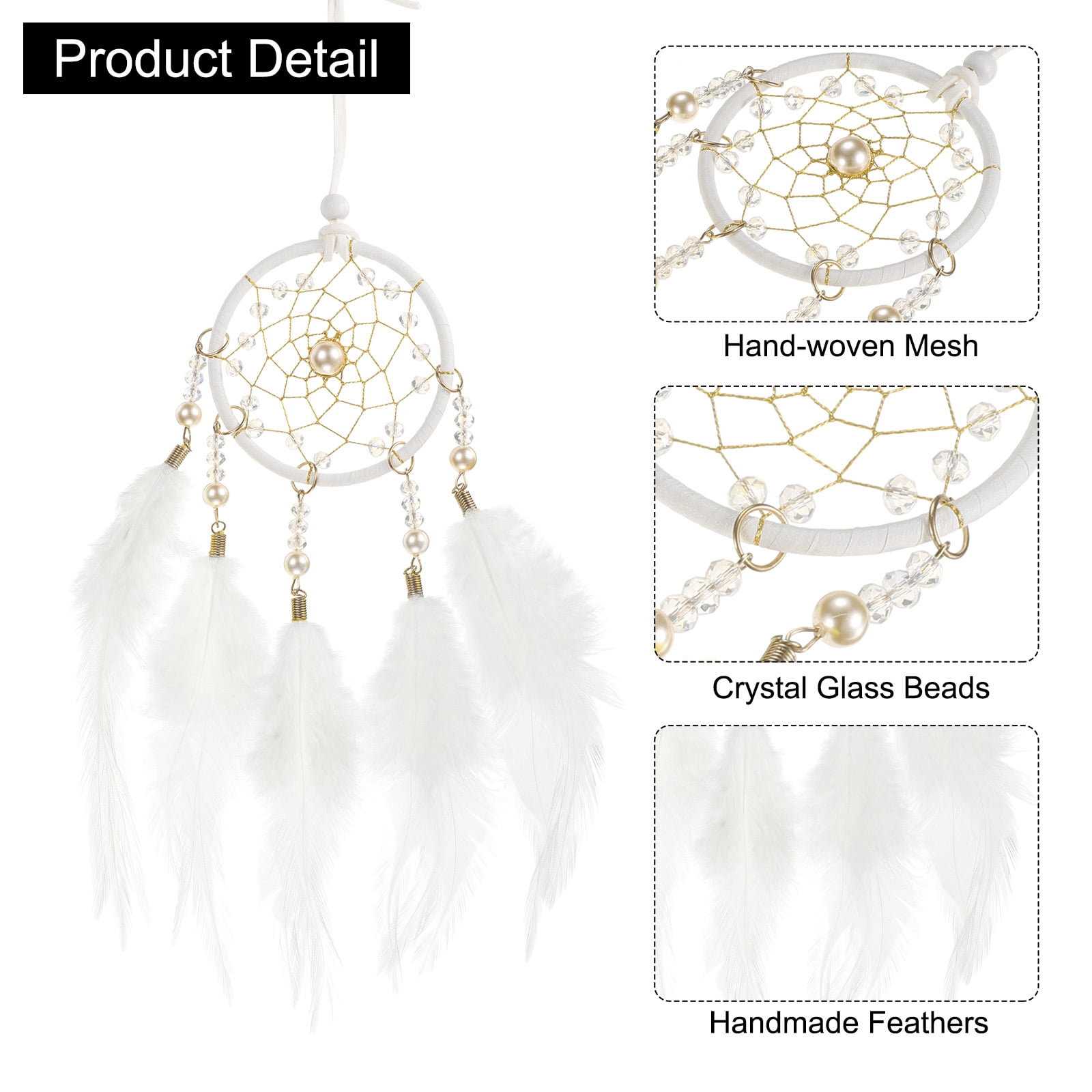 Unique Bargains Dream Catchers Handmade Feather Dreamcatcher with Crystal Beads White