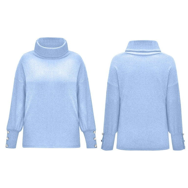 Puntoco Women S Top Clearance Women S Solid Turtleneck Long Sleeve Style Loose Knitting Ladies Tops Blouse Sky Blue 8 L