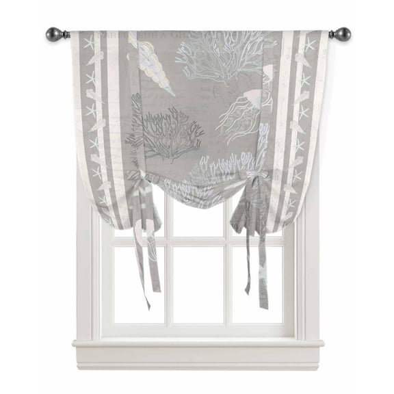 Gray Coastal Tie Up Curtains for Kitchen Bathroom Bedroom Windows 45 Inch Length, Nautical Beach Summer Sea Starfish Coral Balloon Drape Curtains Shade Rod Pocket Drapery Curtain Panel, 42"x54"