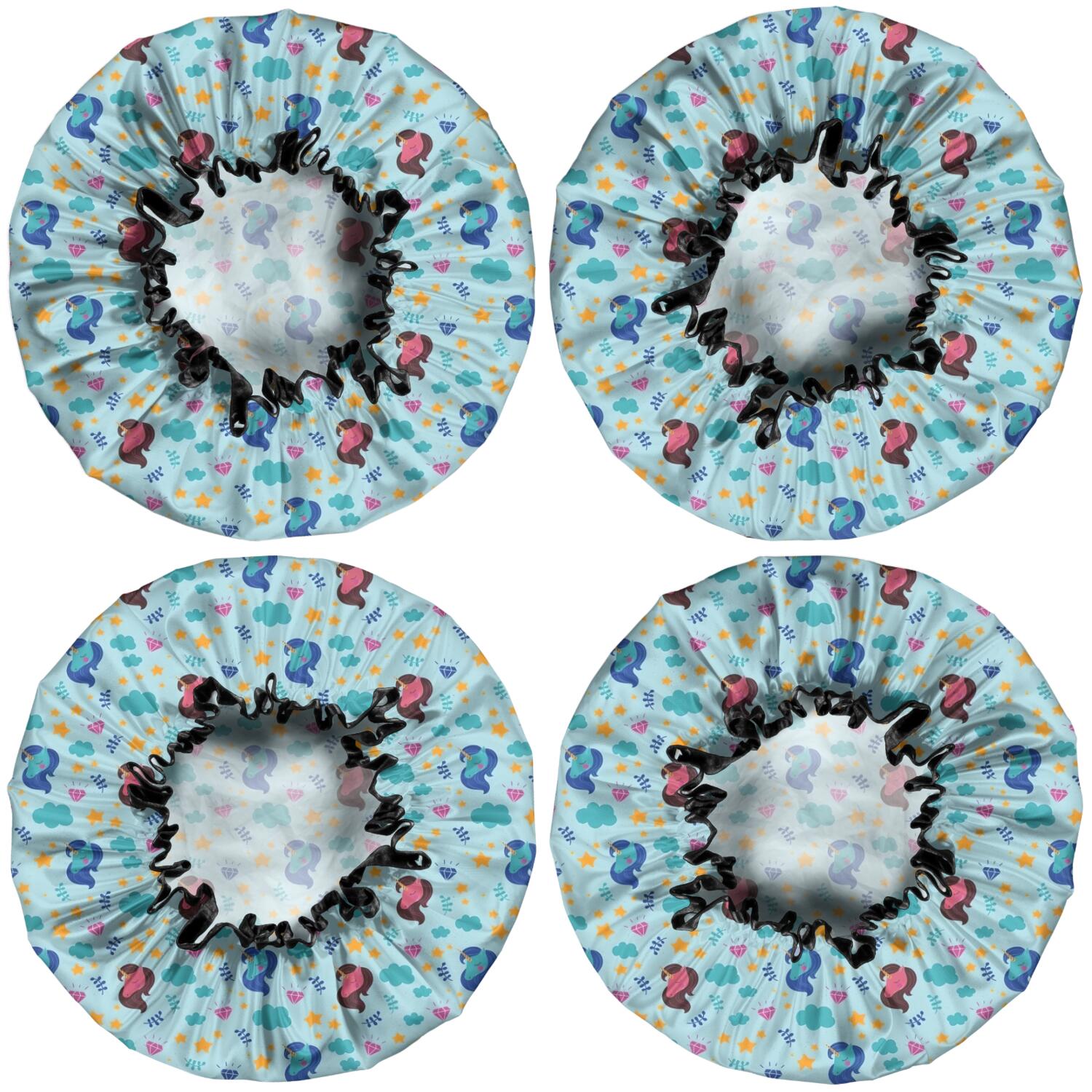 Shower Caps,Blue Cartoon Unicorn Star Cloud Pattern Waterproof Shower Cap for Women 4 Pieces,Double Reusable Hair Cover for Shower PEVA Elastic Stretch Hem