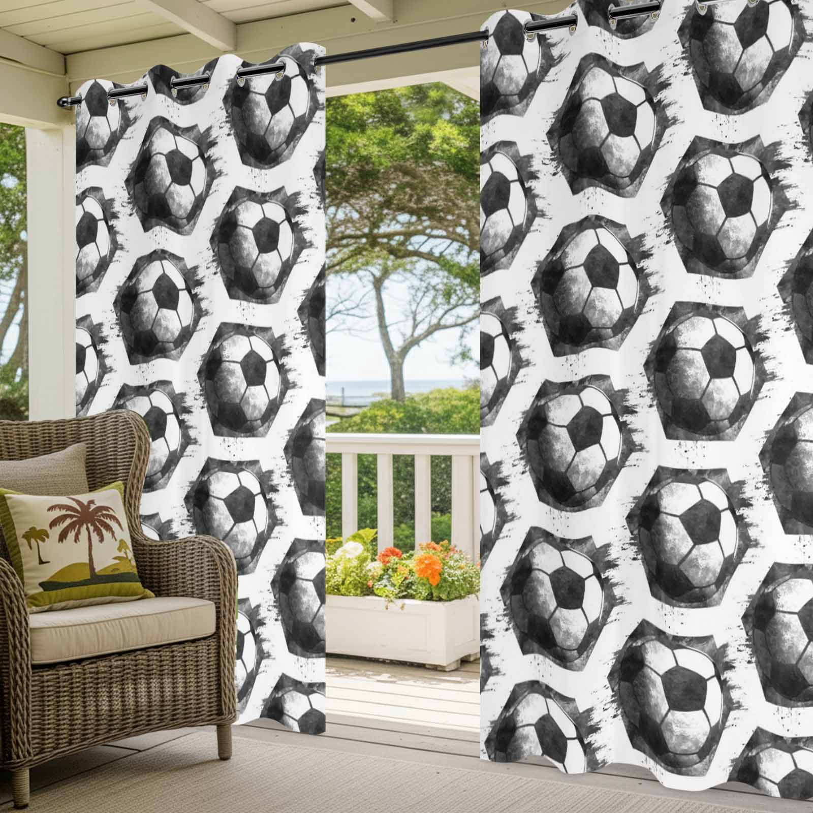Black Soccer Outdoor Curtains for Patio, Modern Classic Football Match Sport White Wood Grain Sunshade Privacy Drapes Grommet Waterproof Outside Curtains for Porch/Cabana/Balcony 54"x 84", 2 Panel