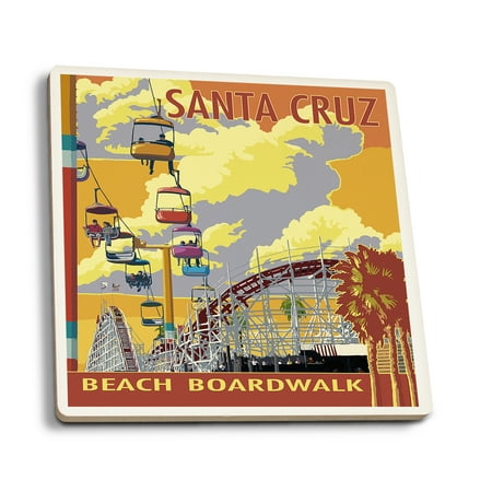 Santa Cruz, California - Beach Boardwalk - Lantern Press Artwork (Set of 4 Ceramic Coasters - Cork-backed,