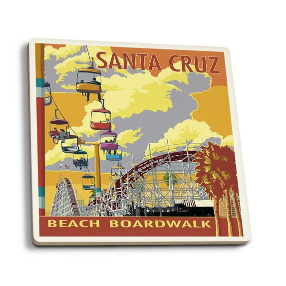 Santa Cruz, California, Beach Boardwalk (Absorbent Ceramic Coasters Set of 4 Matching Images, Cork Back, Kitchen Table Decor)