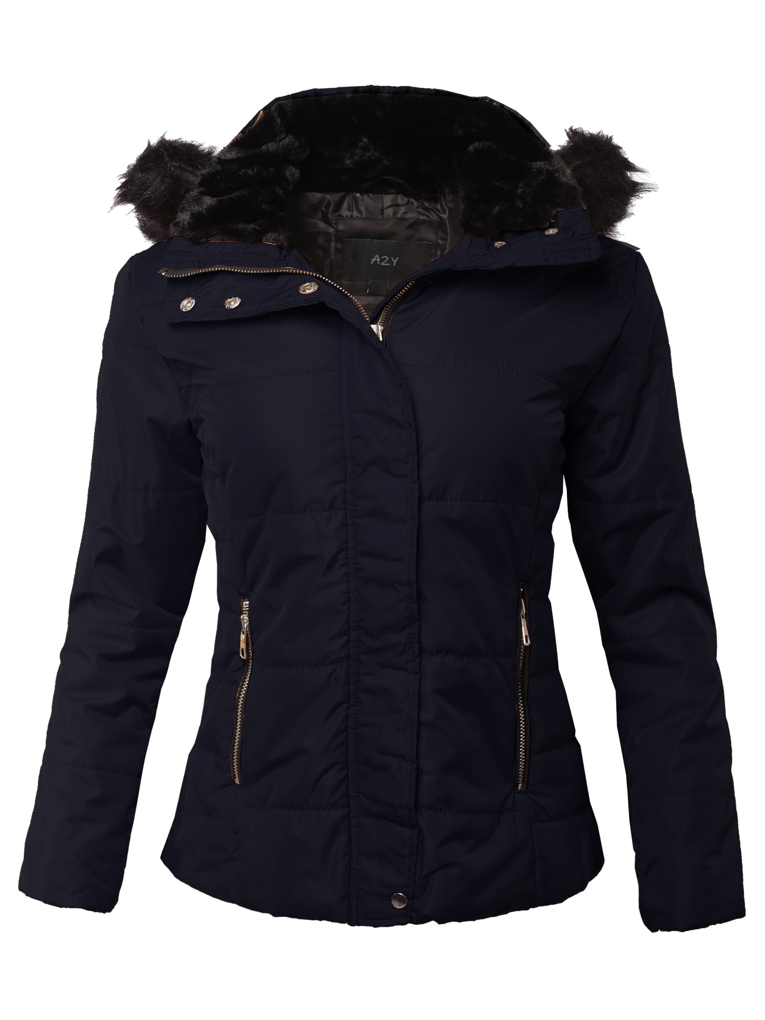 A2Y A2Y Women's Detachable Hood Fur Metal Zipper Quilted Anorak