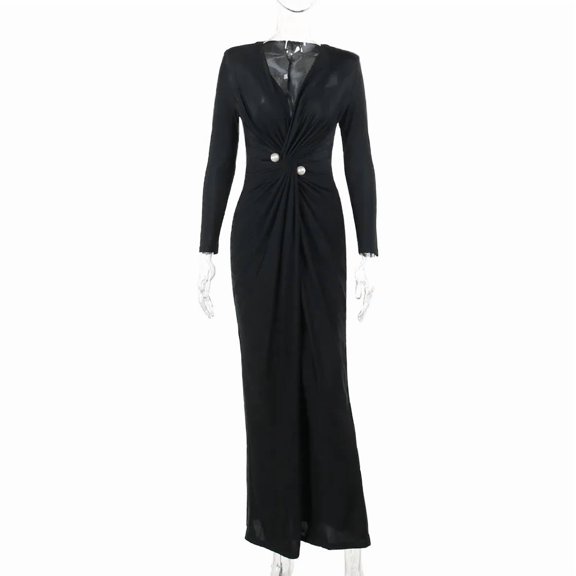 Sexy deep V-neck long-sleeved slit dress ins temperament fashion long skirt feminine sexy party dress club clothing Vestidos