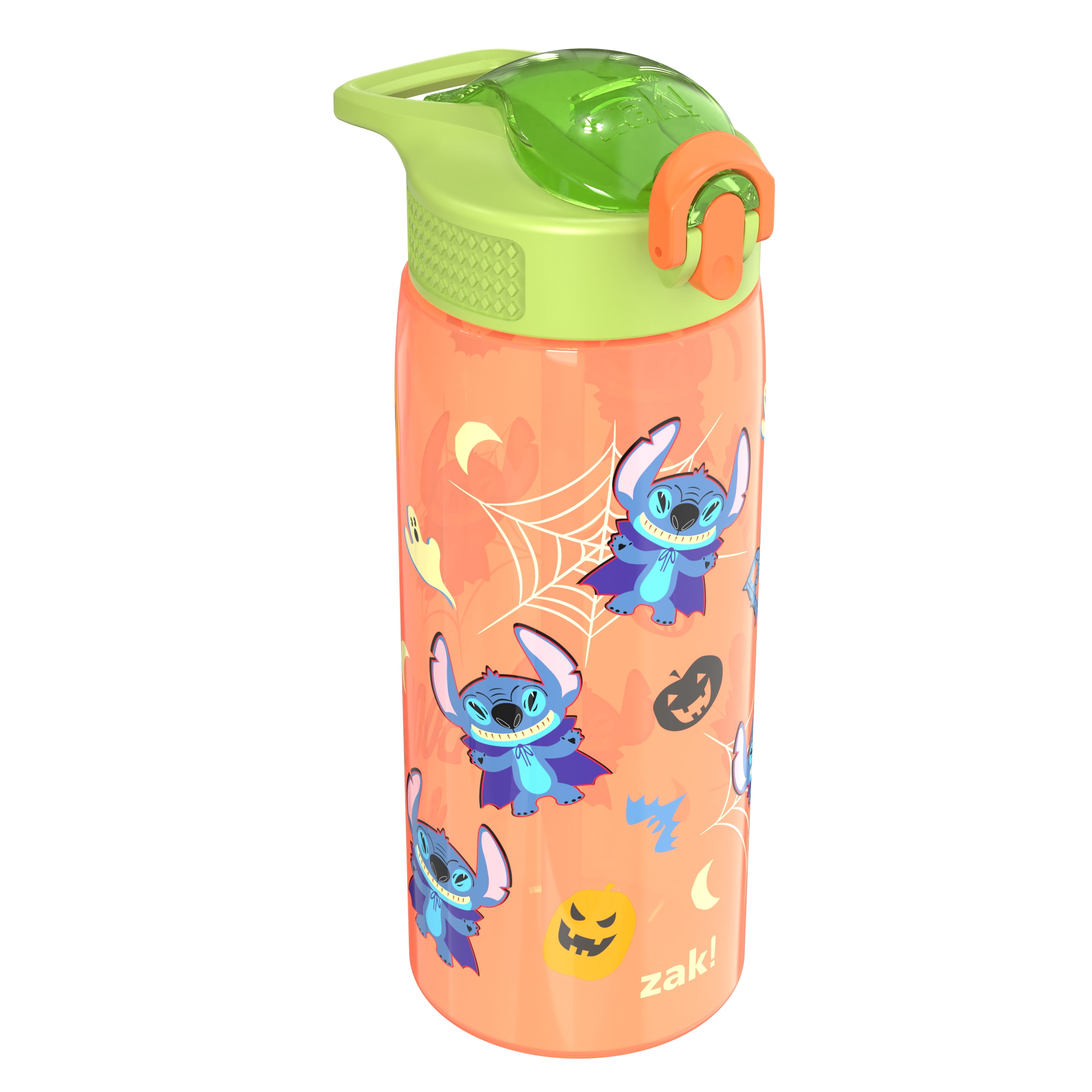 Zak Designs 25oz Stitch Halloween Orange Kids Straw Water Bottle, Durable Plastic Park Bottle with Easy-Open Locking Spout Cover for Travel, Built in Carry Handle