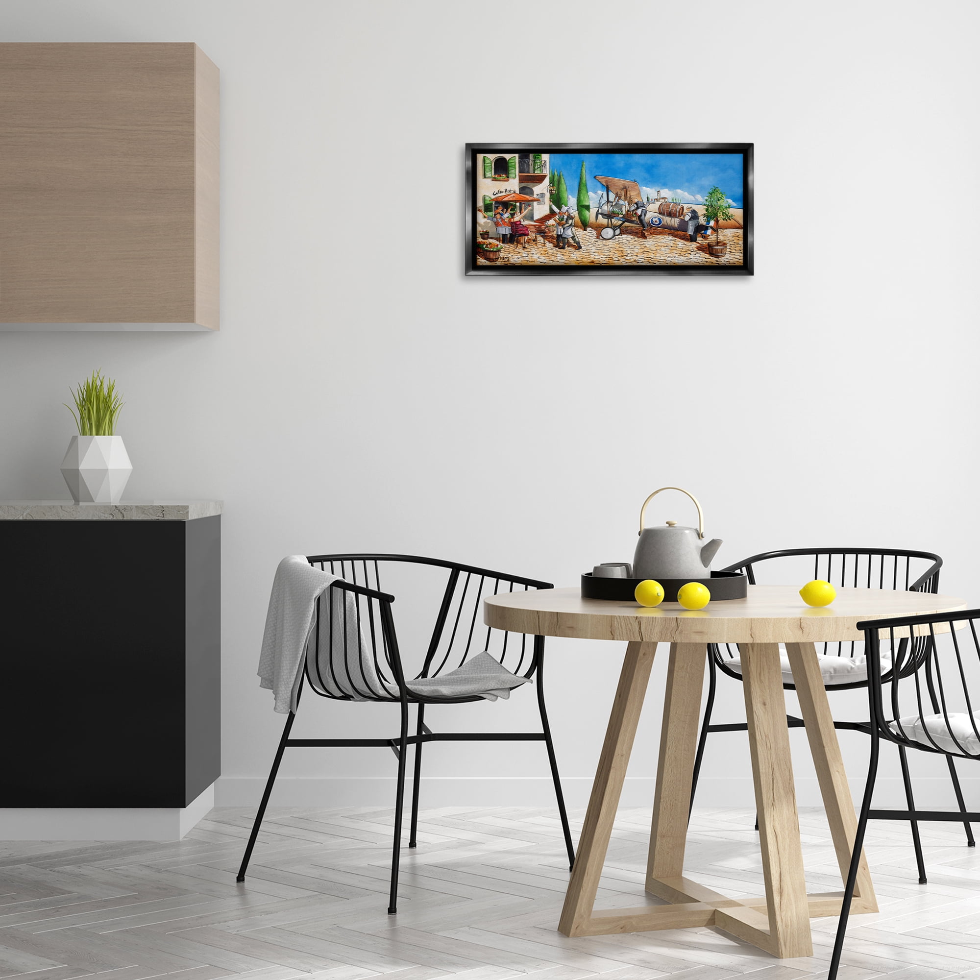 Stupell Industries Café & Airplane Scene Scenery Painting Black Floater Framed Art Print Wall Art, 25 x 11