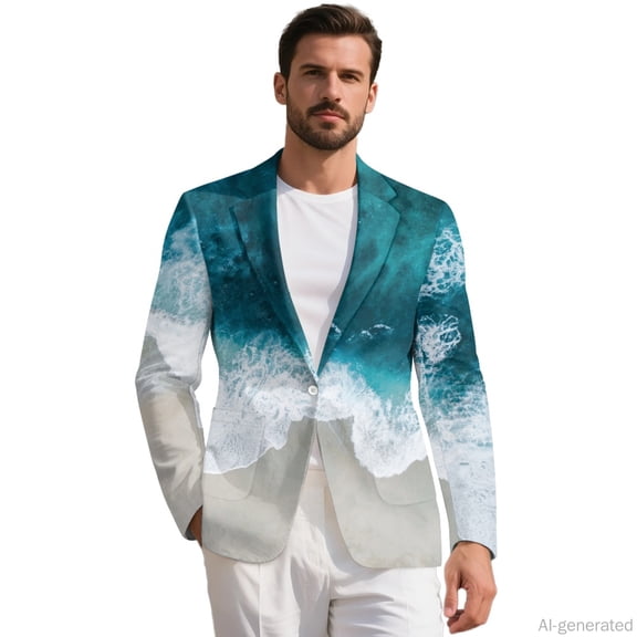 HELLHERO Polyester Formal Dress Jacket for Business Workwear, Lightweight Regular Fit Mens Blazer Suit Jacket, Ocean Wave