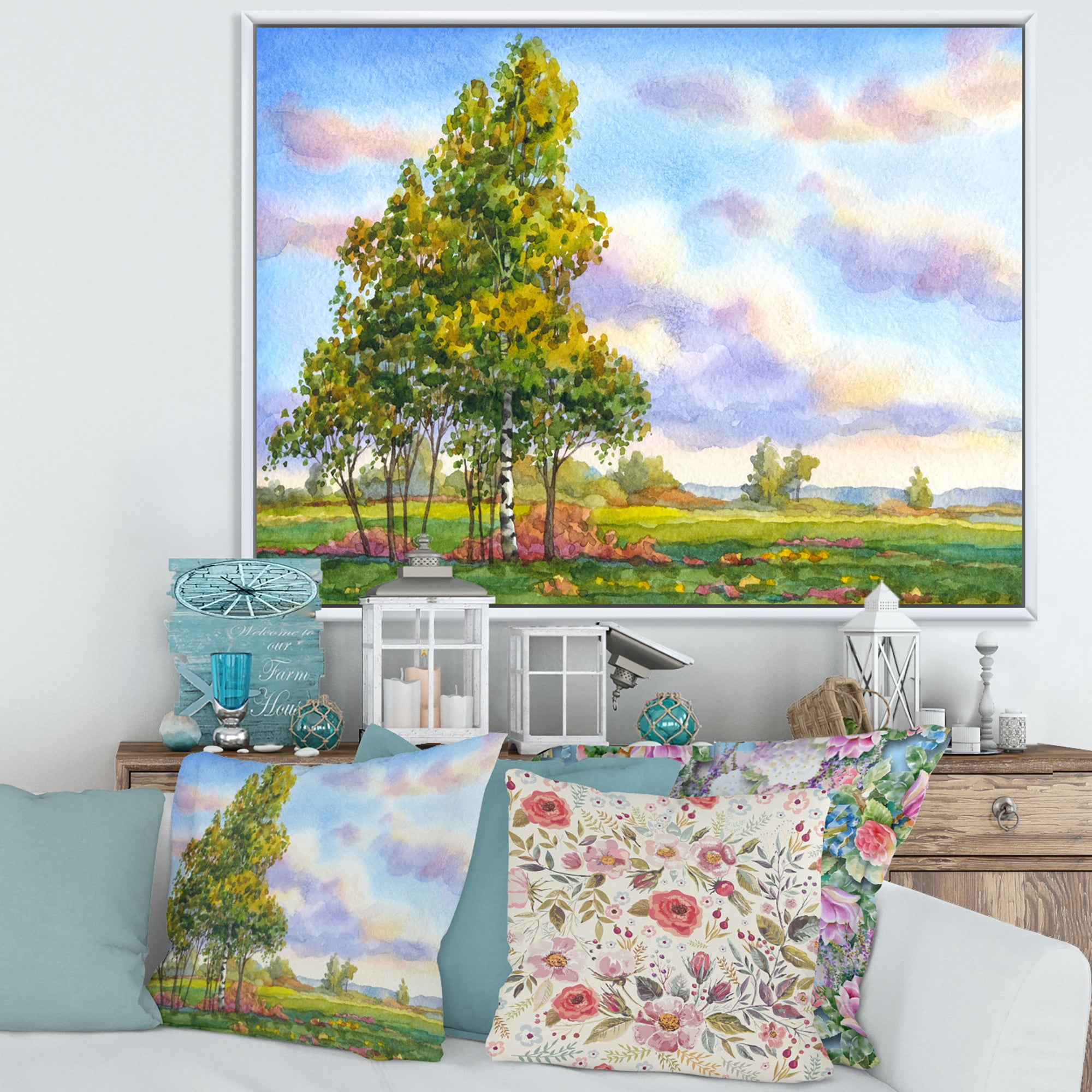 The Trees In The Evening Landscape Field 32 in x 16 in Framed Painting Canvas Art Print, by Designart