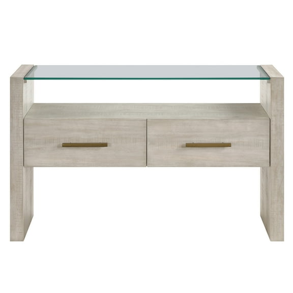 Steve Silver Garland Modern Sofa Table with Two Drawer and Glass Top, Washed Parchment