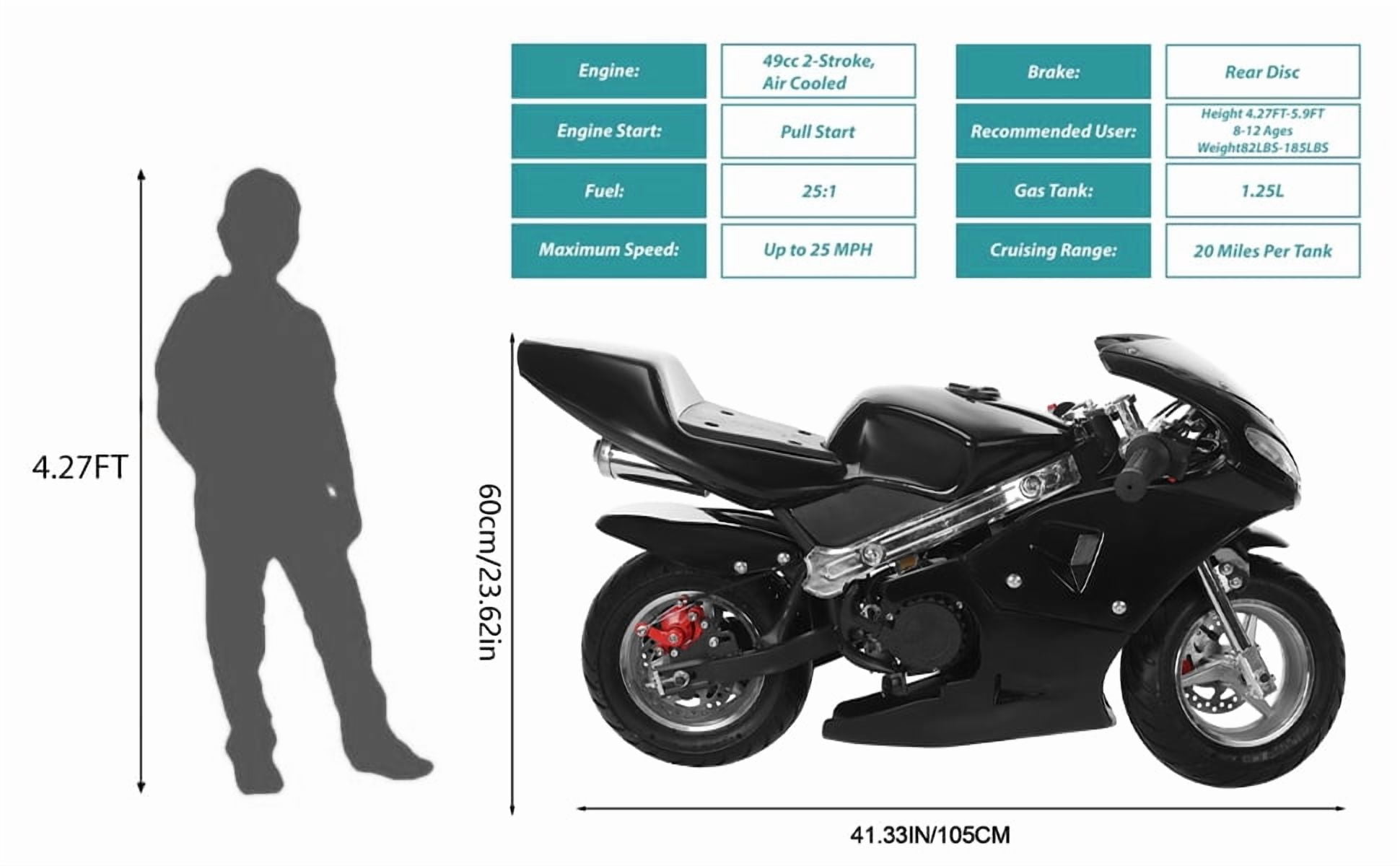 Mohsoe 49cc 2-Stroke Mini Motorbike, Gas Powered Kids Pocket Bike with Front & Rear Disc Brakes, Dual Headlights, Chain Drive with Cover, Pull Start, Recommended Age Over 13, 40 x 21 x 23 Inch