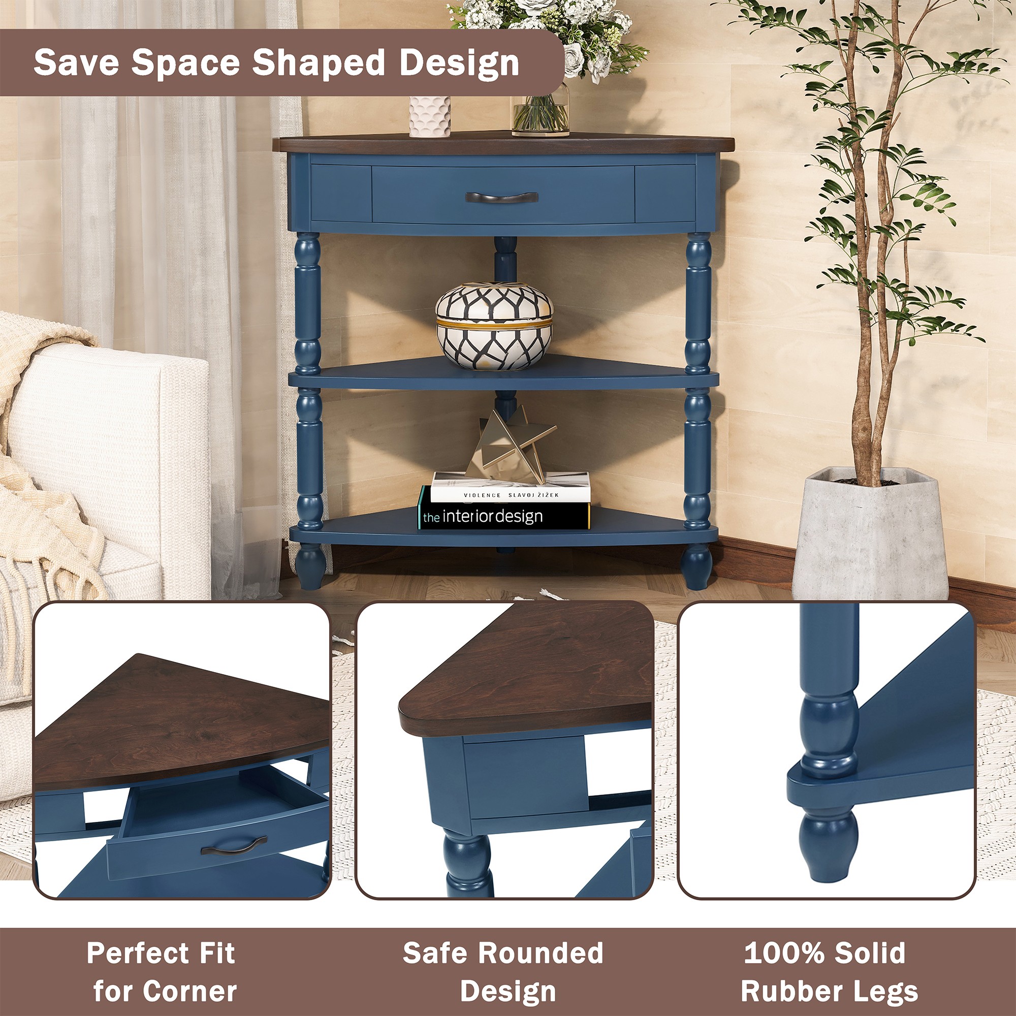Aukfa 3 Tier Corner Table with Drawer, Triangle End Table for Entryways, Hallways, and Small Spaces, Navy Blue