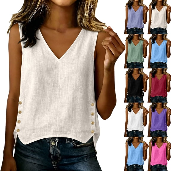 Goodtrade8 Button Tank Tops for Women Cotton Linen Black Pullover Shirts Summer Sleeveless Casual,Lightweight V-Neck Womens Undershirts
