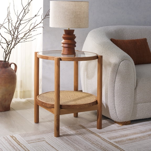 Safavieh Couture Karyna Modern Wood and Glass Round End Table, Clear/Natural