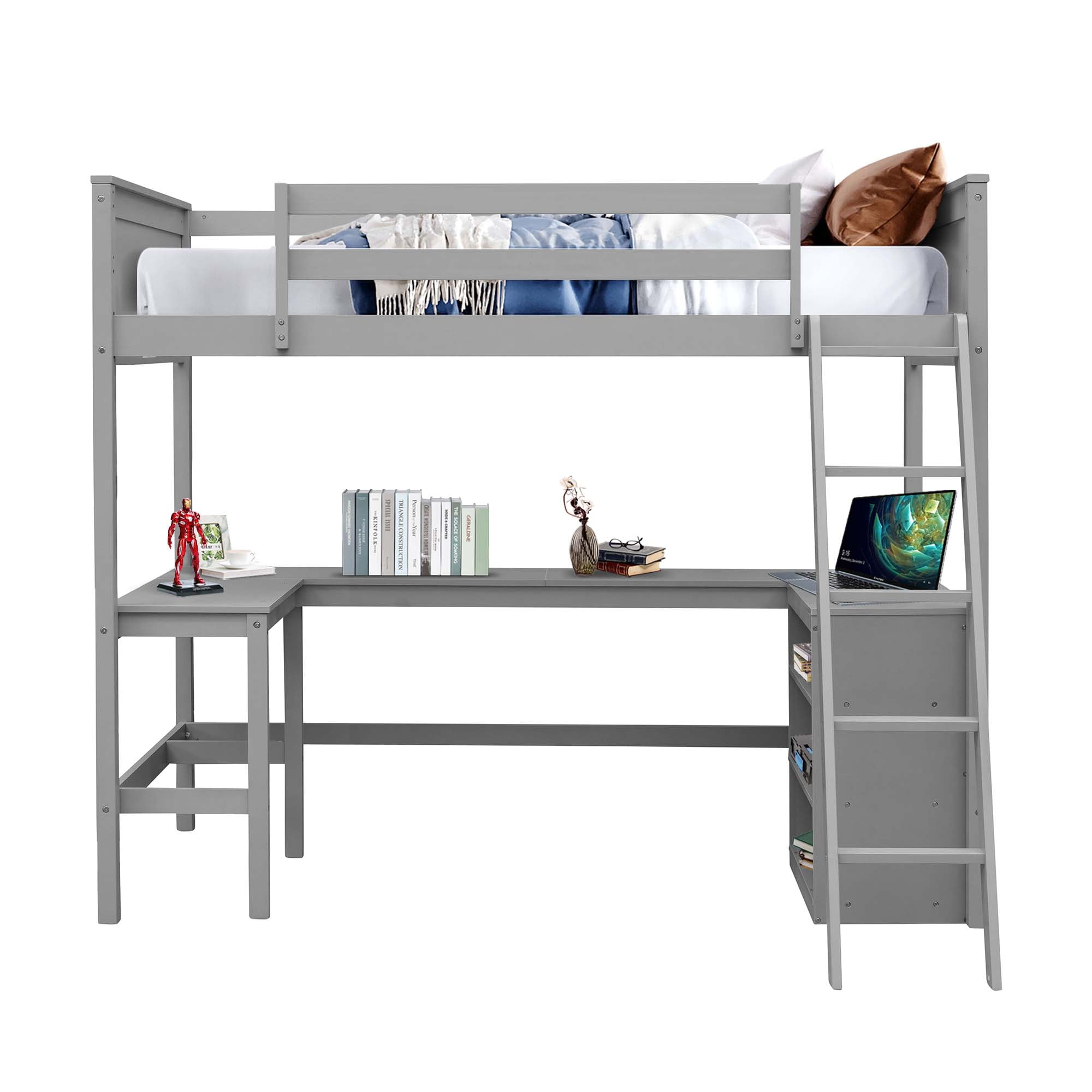 Aukfa Full Size Loft Bed with Desk and Shelves, Solid Wood Platform Loft Bed for Kids Teens Dorm - Gray