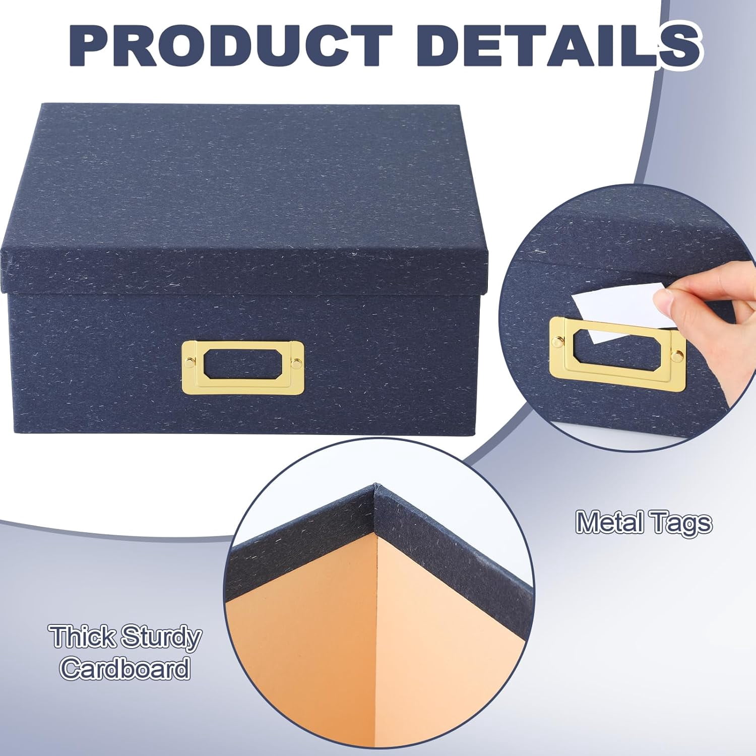 Decorative Storage Boxes with Lids, Kraft Paper Boxes with Gold Label Holders, Photo Memory Keepsakes Storage, Cardboard Organizers for Home Decor, Office Organizing (Blue)