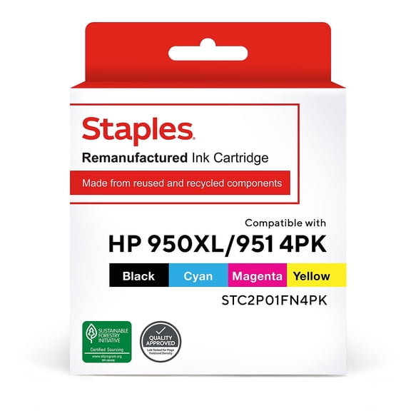 Remanufactured Staples Ink Cartridge Replacement for HP 950XL/HP 951 (Black Cyan Magenta Yellow