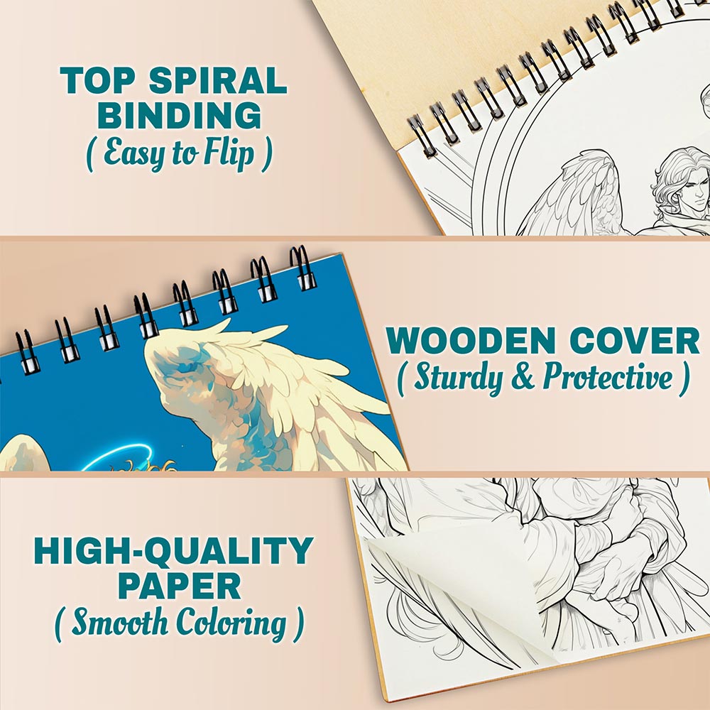 Netecom Male Angel Coloring Book Spiral Bound for Adults, A5 Wooden Cover, 30 Handsome Coloring Pages of Enchanted Beauties from Heaven for Stress Relief and Relaxation