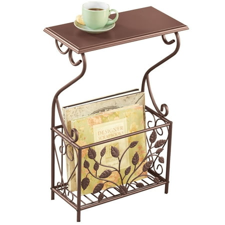 Scroll Leaves Iron and Wood Magazine Holder Side Table, Bronze Colored