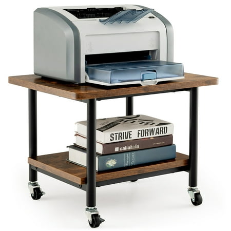 Gymax 2-Tier Rolling Under Desk Printer Cart Machine Stand Storage Rack Brown